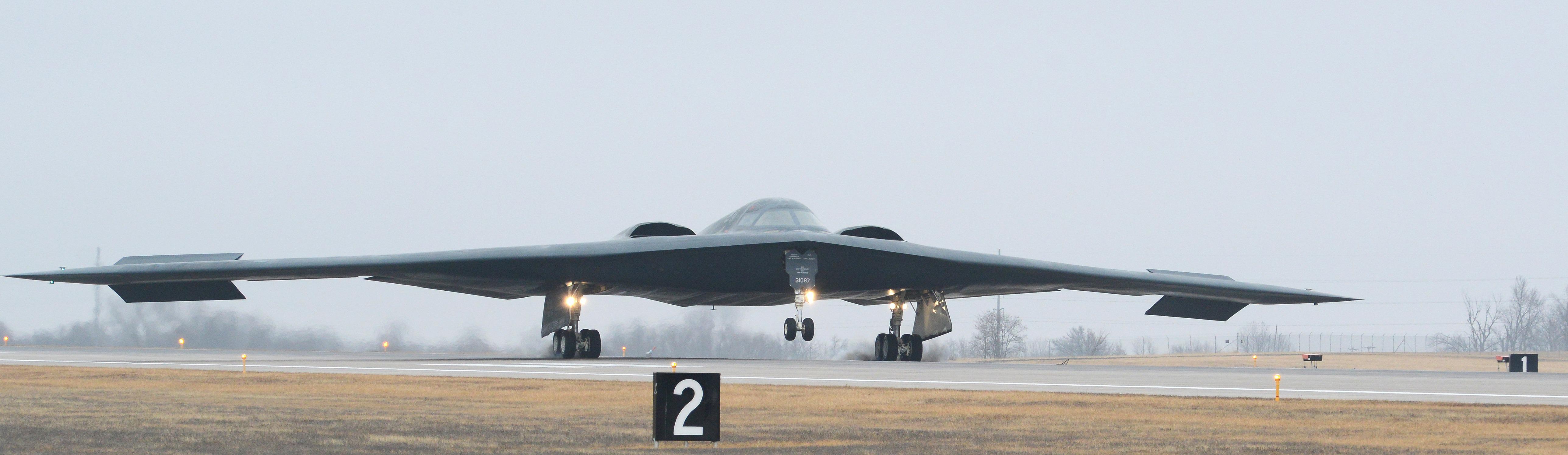 A U.S. Air Force B-2 Spirit stealth bomber aircraft lands on the flight line at the Whiteman Air Force Base January 19, 2017, near Knob Noster, Missouri. (photo by Joel Pfiester/US Air Force via Planetpix)