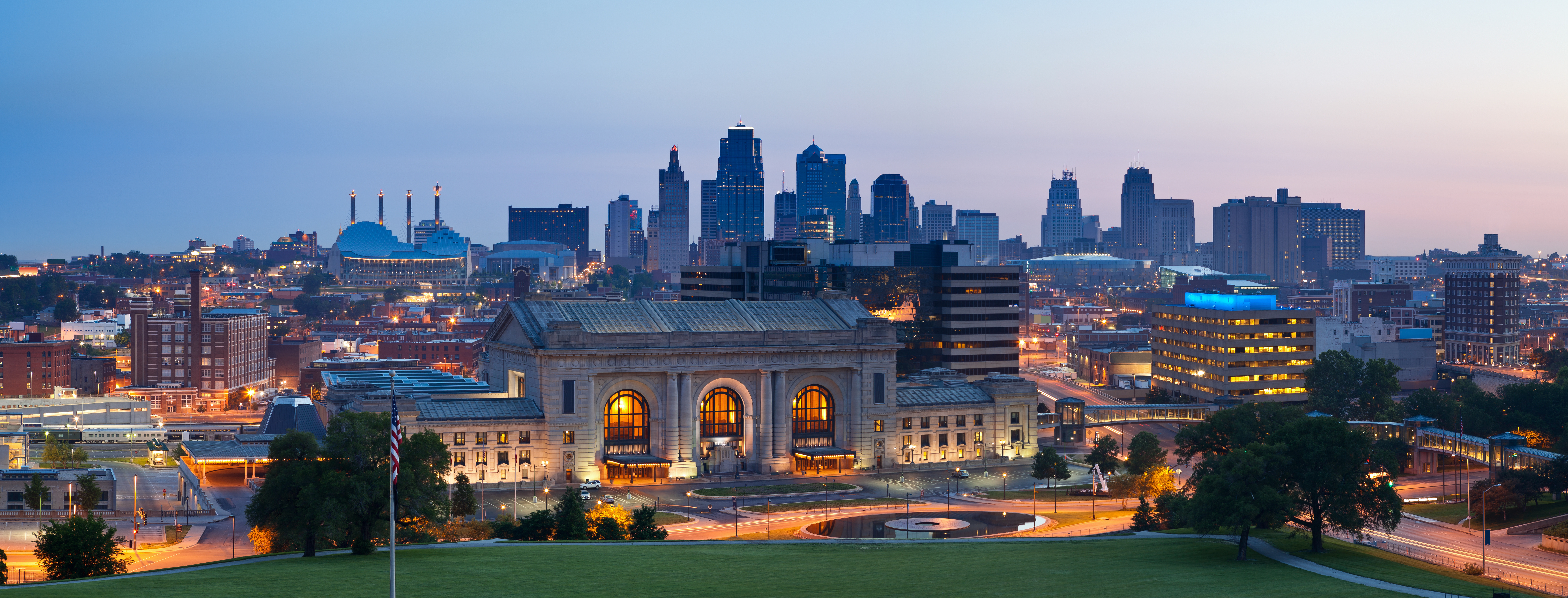 View of Kansas City from the World War I Monument and Museum with Union Station in the foreground.