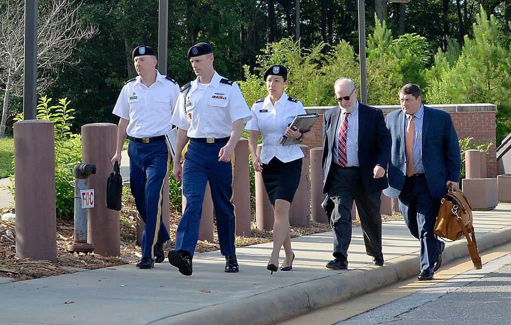 FT. BRAGG, NC - JULY 7: U.S. Army Sgt. Robert Bowdrie 'Bowe' Bergdahl, 30 of Hailey, Idaho, arrives at the Ft. Bragg military courthouse with his military and civilian legal counsel (Eugene Fidell and Will M. Helixon) for a pretrial military hearing on July 7, 2016, in Ft. Bragg, North Carolina. Bergdahl faces charges of desertion and endangering troops stemming from his decision to leave his outpost in 2009, which landed him five years in Taliban captivity. (Photo by Sara D. Davis/Getty Images)