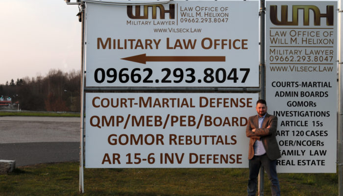 The Law Office of Will M. Helixon provides legal services, including military justice (court-martial defense, representation at boards, and other UCMJ action defense), administrative law (defense and rebuttals to GOMORs, OER & NCOER appeals, and assistance & responses to AR 15-6 Investigations), and legal assistance (consumer issues, landlord-tenant issues, and immigration/MAVNI issues) throughout Europe, including in Germany, Belgium, the Netherlands, the United Kingdom, Italy, Greece, Spain, Portugal, and for rotational units in Germany, Poland, and Eastern European nations.