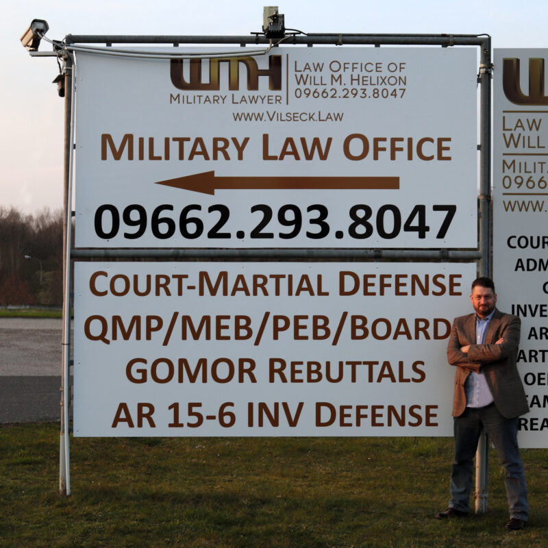 The Law Office of Will M. Helixon provides legal services, including military justice (court-martial defense, representation at boards, and other UCMJ action defense), administrative law (defense and rebuttals to GOMORs, OER & NCOER appeals, and assistance & responses to AR 15-6 Investigations), and legal assistance (consumer issues, landlord-tenant issues, and immigration/MAVNI issues) throughout Europe, including in Germany, Belgium, the Netherlands, the United Kingdom, Italy, Greece, Spain, Portugal, and for rotational units in Germany, Poland, and Eastern European nations.