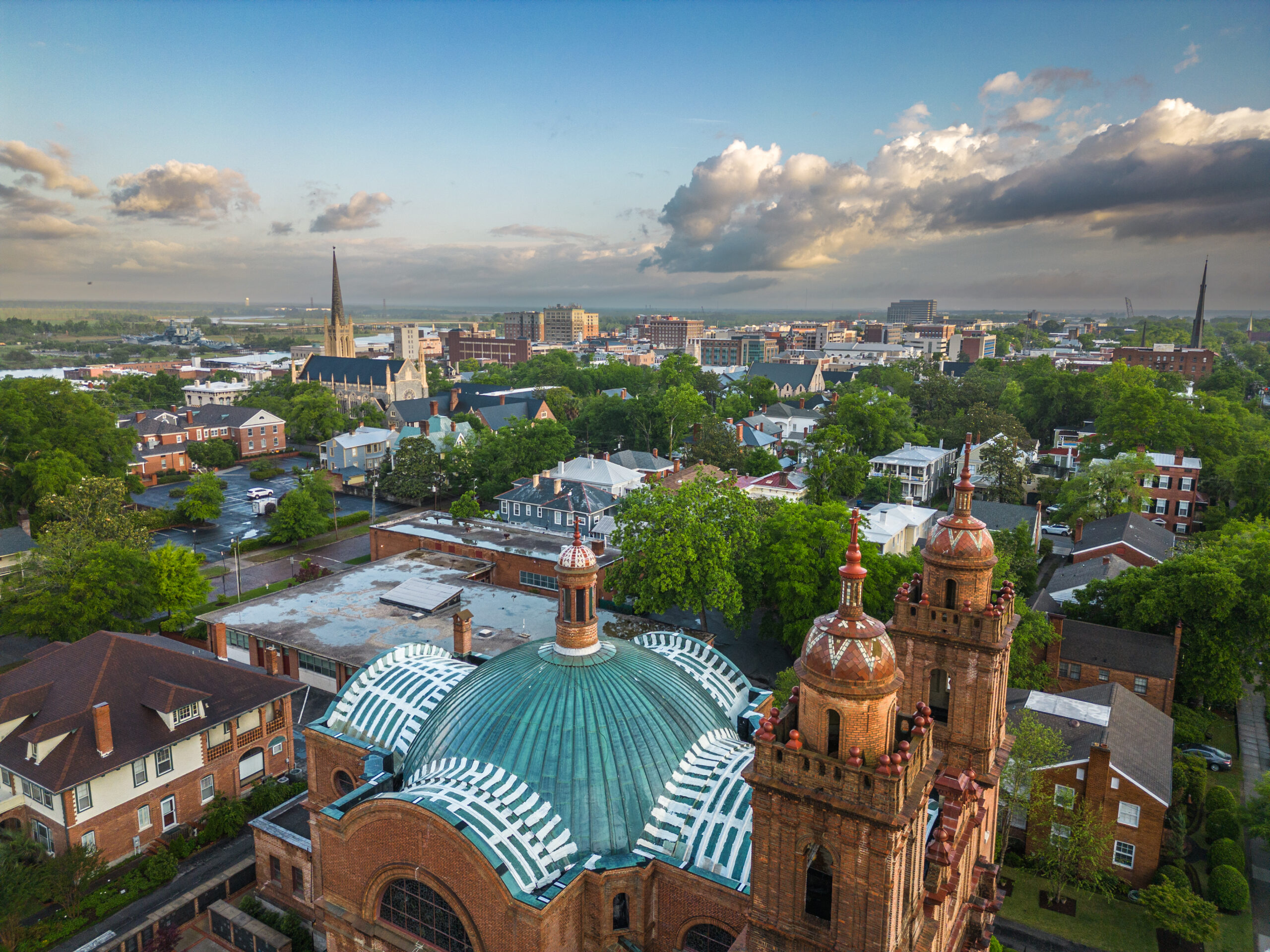 Aerial view of downtown Wilmington, North Carolina. Fort Bragg Military Lawyers at The Law Office of Will M. Helixon, defending soldiers in sexual assault allegations and more.