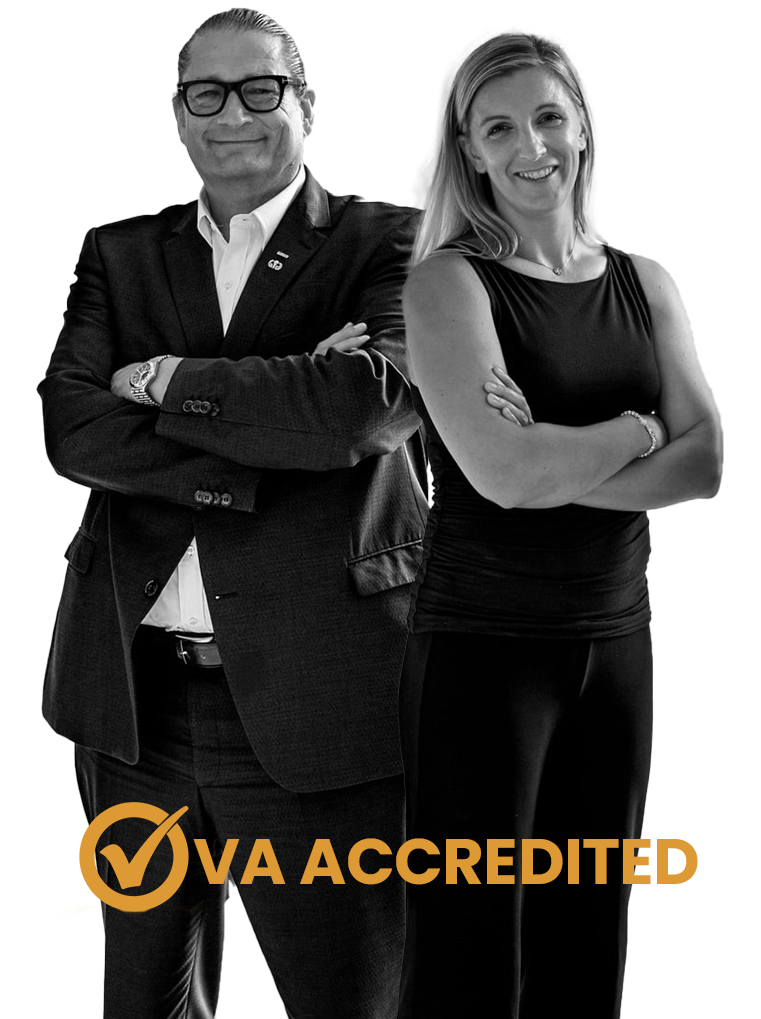 Black and white cutout of Will M. Helixon and Regan Kulhavy, VA-accredited lawyers representing veterans
