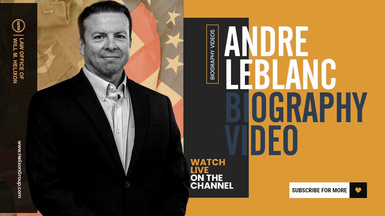 Andre Le Blanc biography video thumbnail for Law Office of Will M. Helixon with American flag background