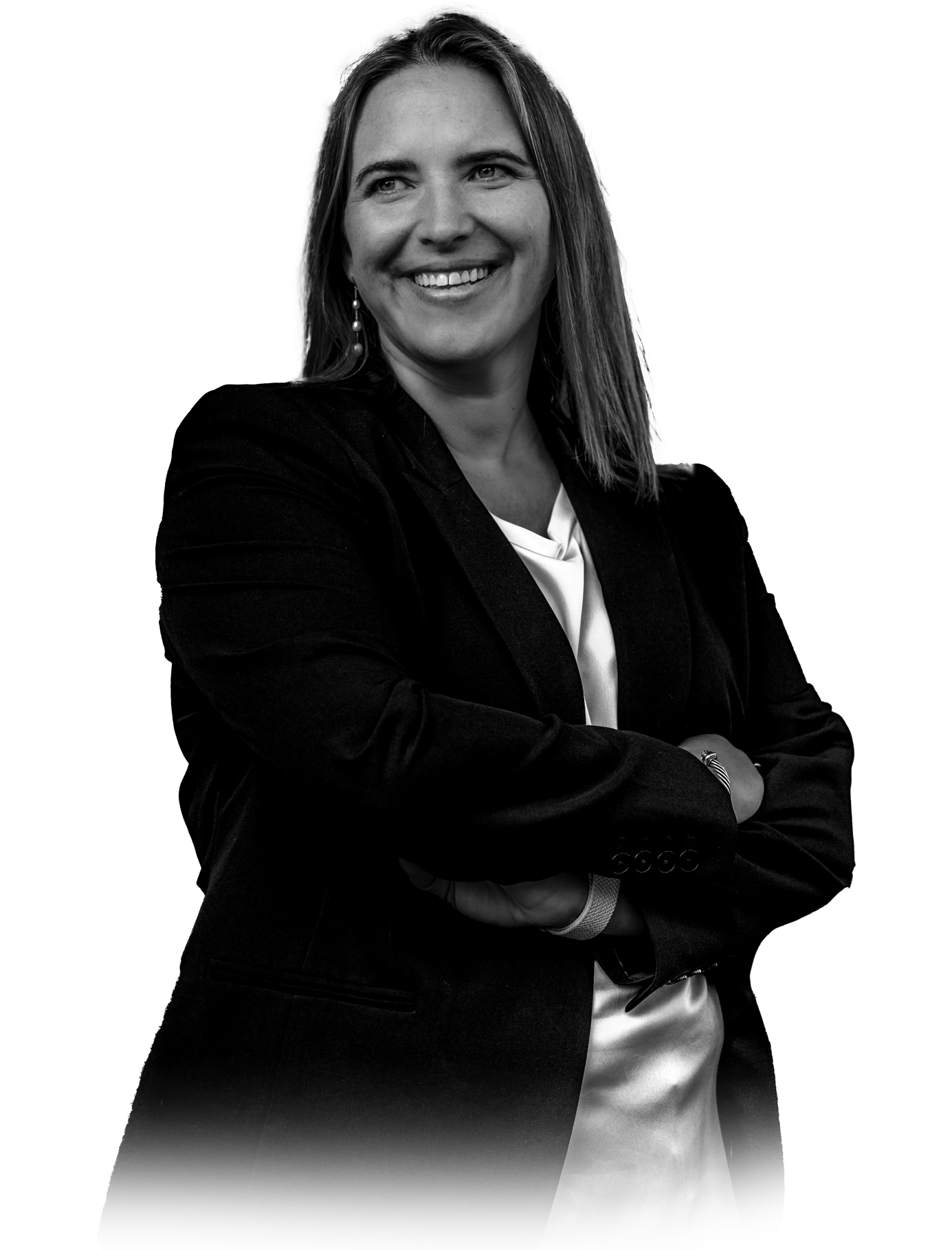 Black and white cut-out portrait of Elizabeth Talarico smiling in a suit, with a faded edge