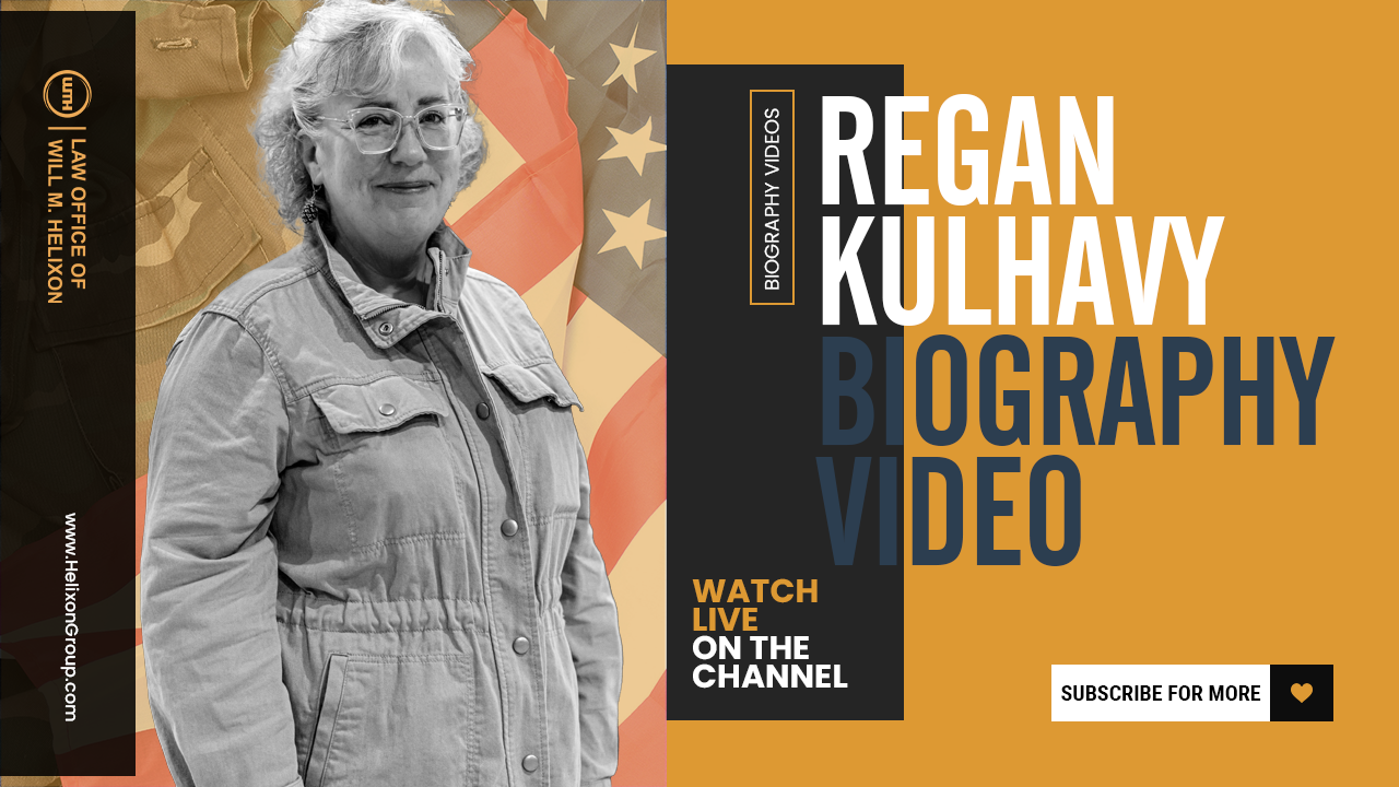 Genie Hughes biography video thumbnail for Law Office of Will M. Helixon with American flag background