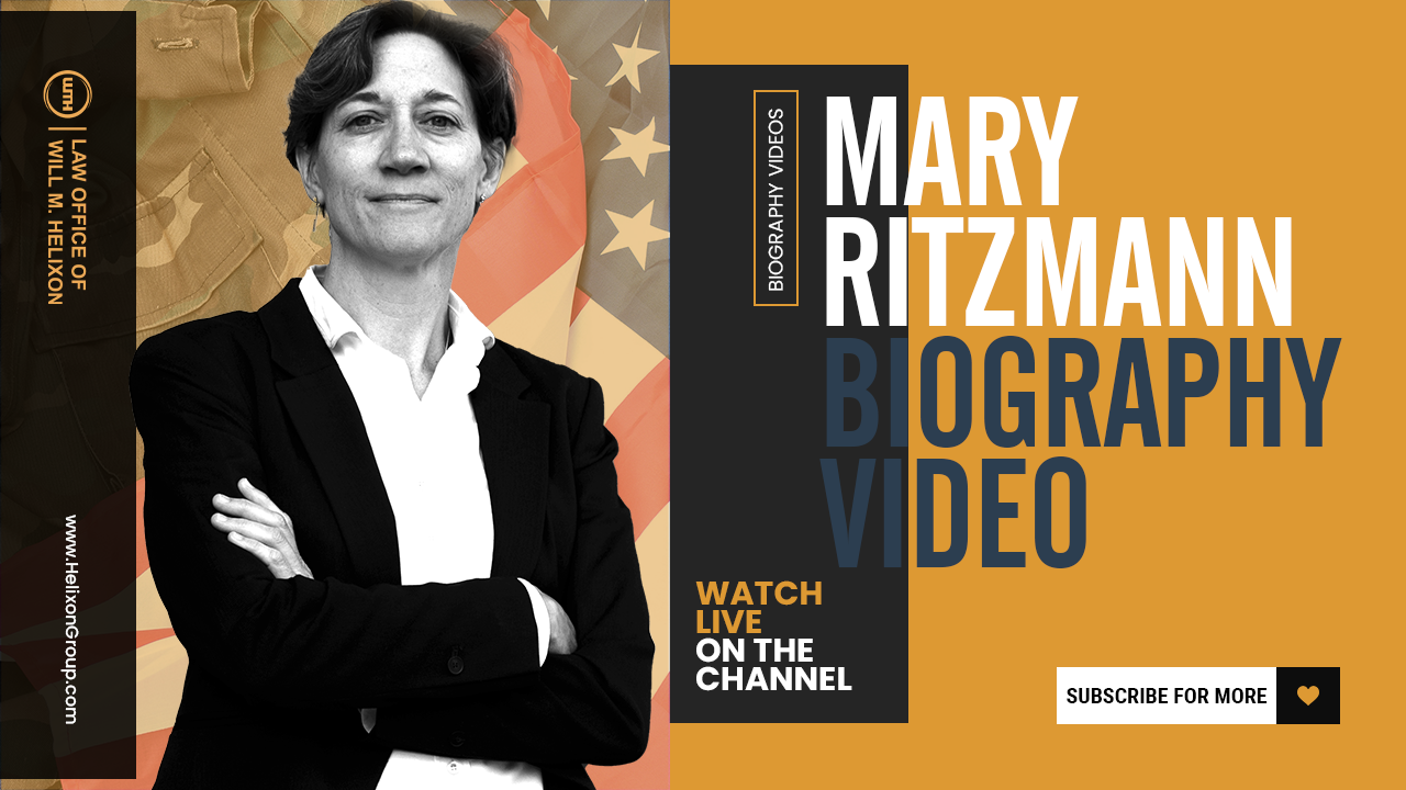 Mary Ritzmann biography video cover image with patriotic graphics and Law Office of Will M. Helixon branding