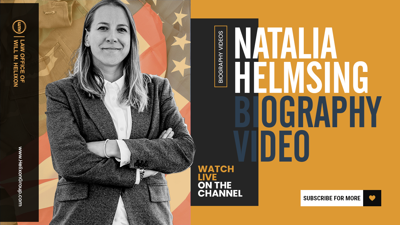Biography video thumbnail for Natalia Helmsing, featuring a woman in a business suit with arms crossed and an American flag background