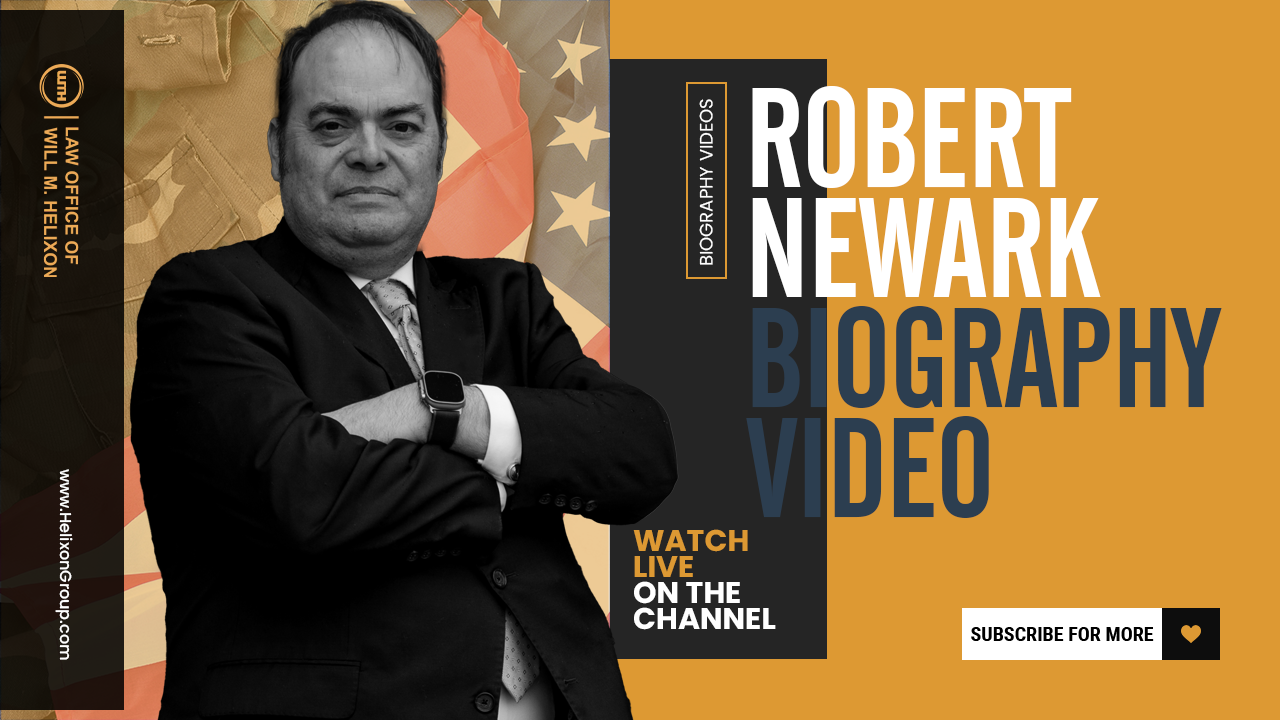 Robert Newark in a biography video thumbnail for Law Office of Will M. Helixon, arms crossed in suit with American flag background