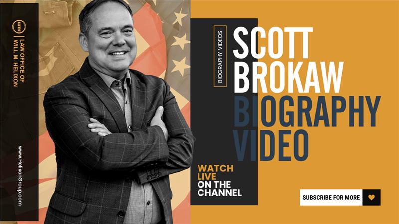 Scott Brokaw standing with arms crossed in front of an American flag and military backdrop for his biography video thumbnail