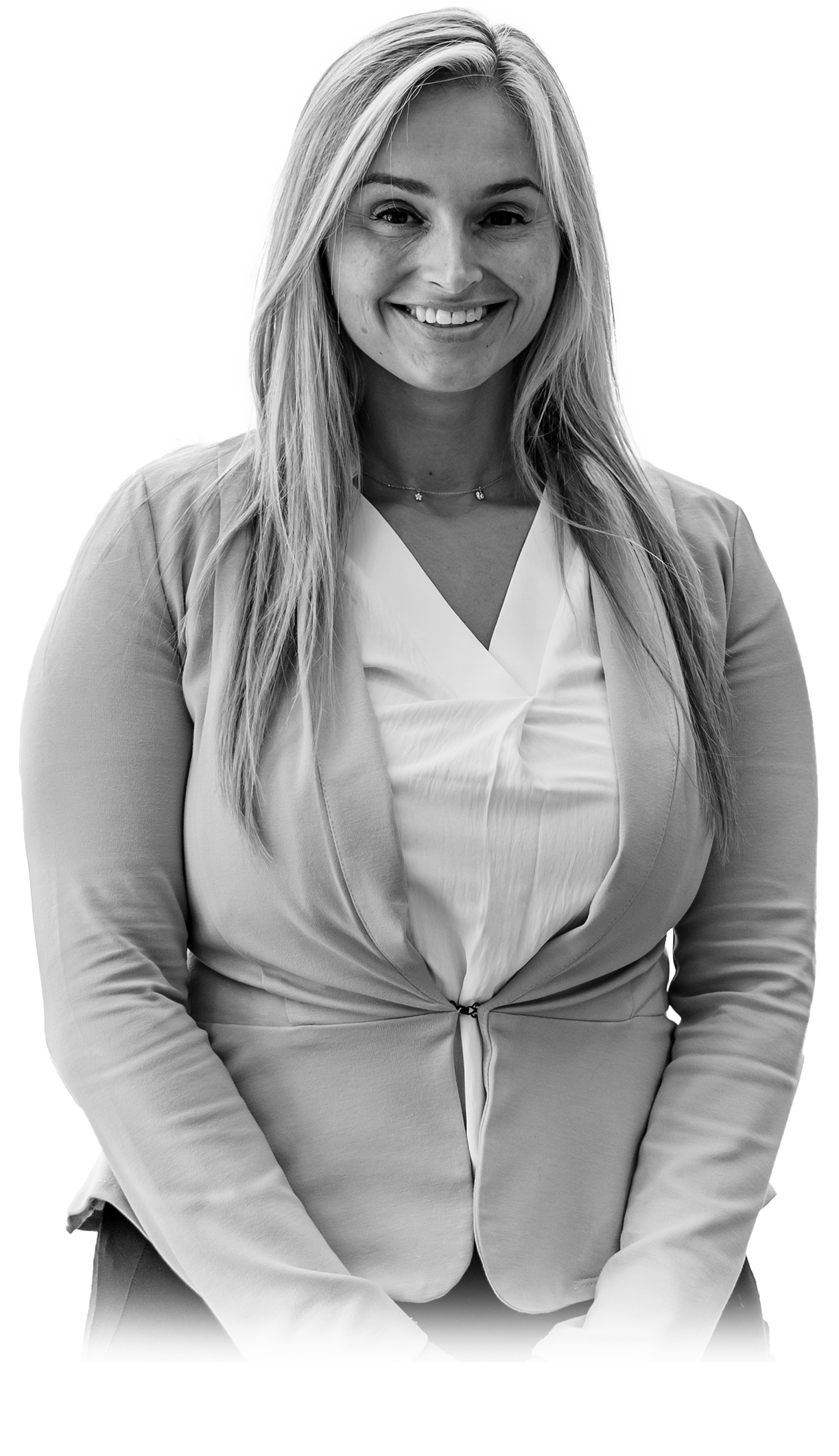 Stefany Garrick cut out portrait in black and white with faded edges