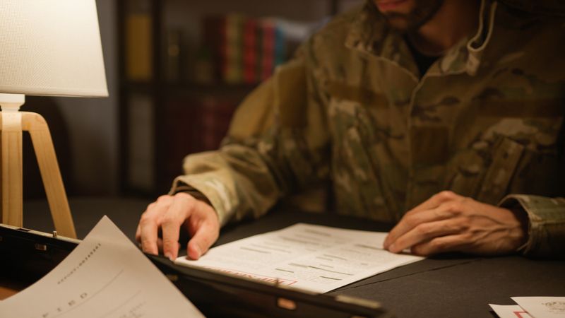 Service member in uniform reviewing documents at a desk