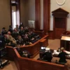 Court-martial panel receives instructions during a mock sexual assault court martial