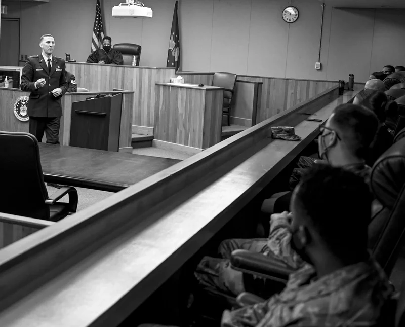 Air Force defense counsel delivers a closing argument during a mock court-martial at Kunsan Air Base